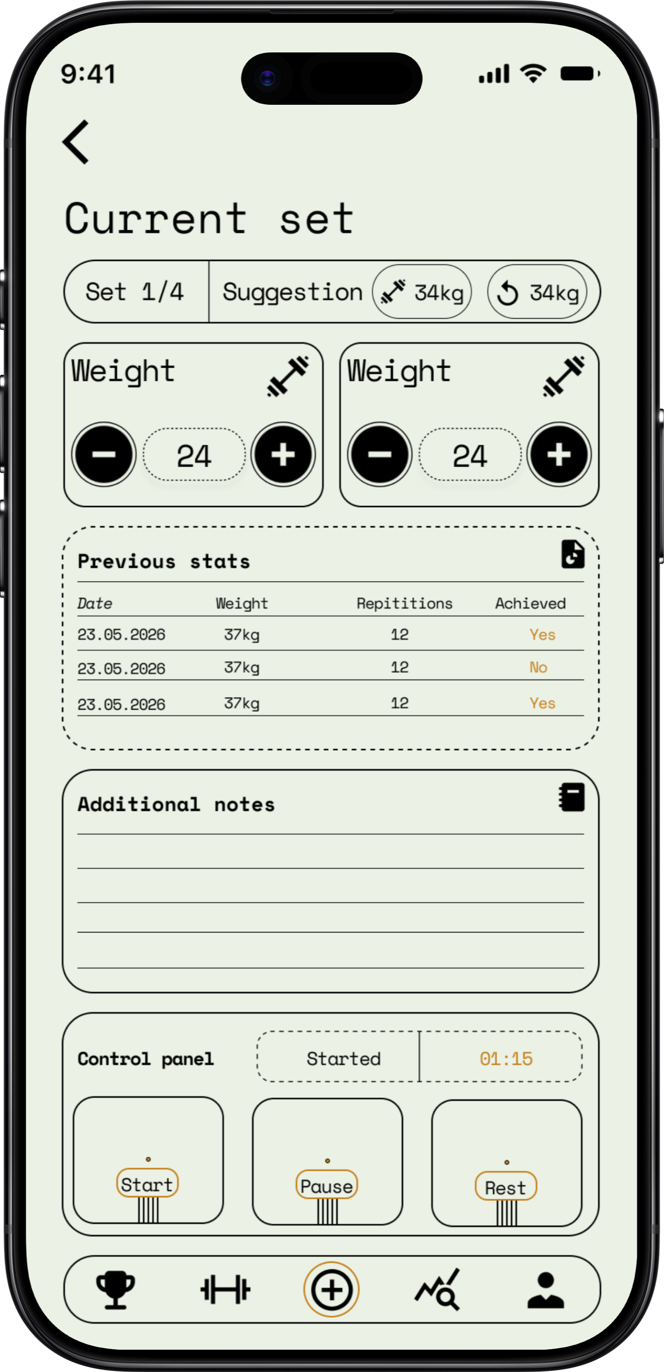 ProvectaFit app — current set screen: set 1 of 4, suggestion 37kg, previous session stats with achieved markers, and timer control panel