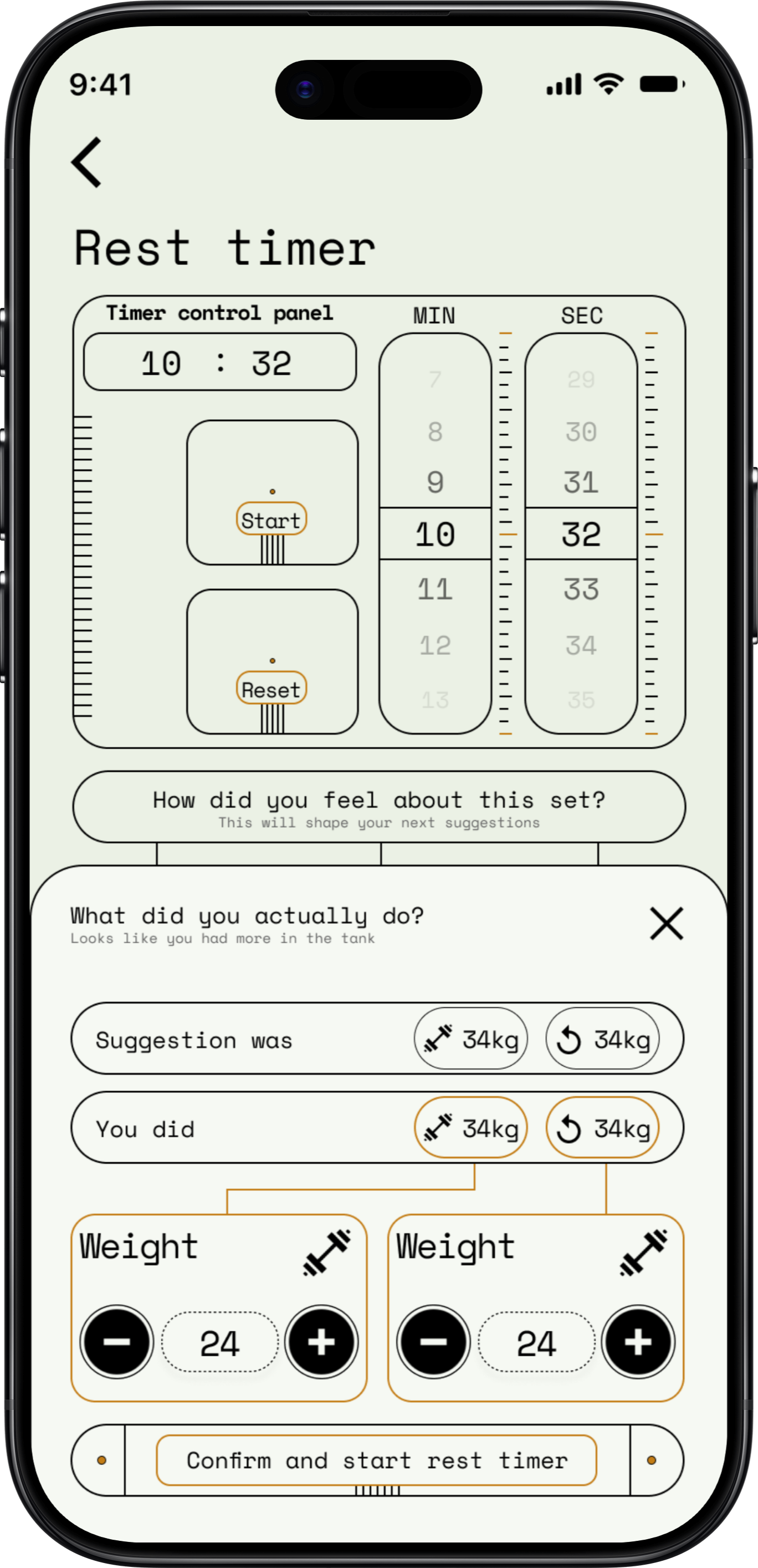 ProvectaFit honest logging popup: what did you actually do, suggestion 34kg versus logged 36kg, weight adjustment controls with confirm button