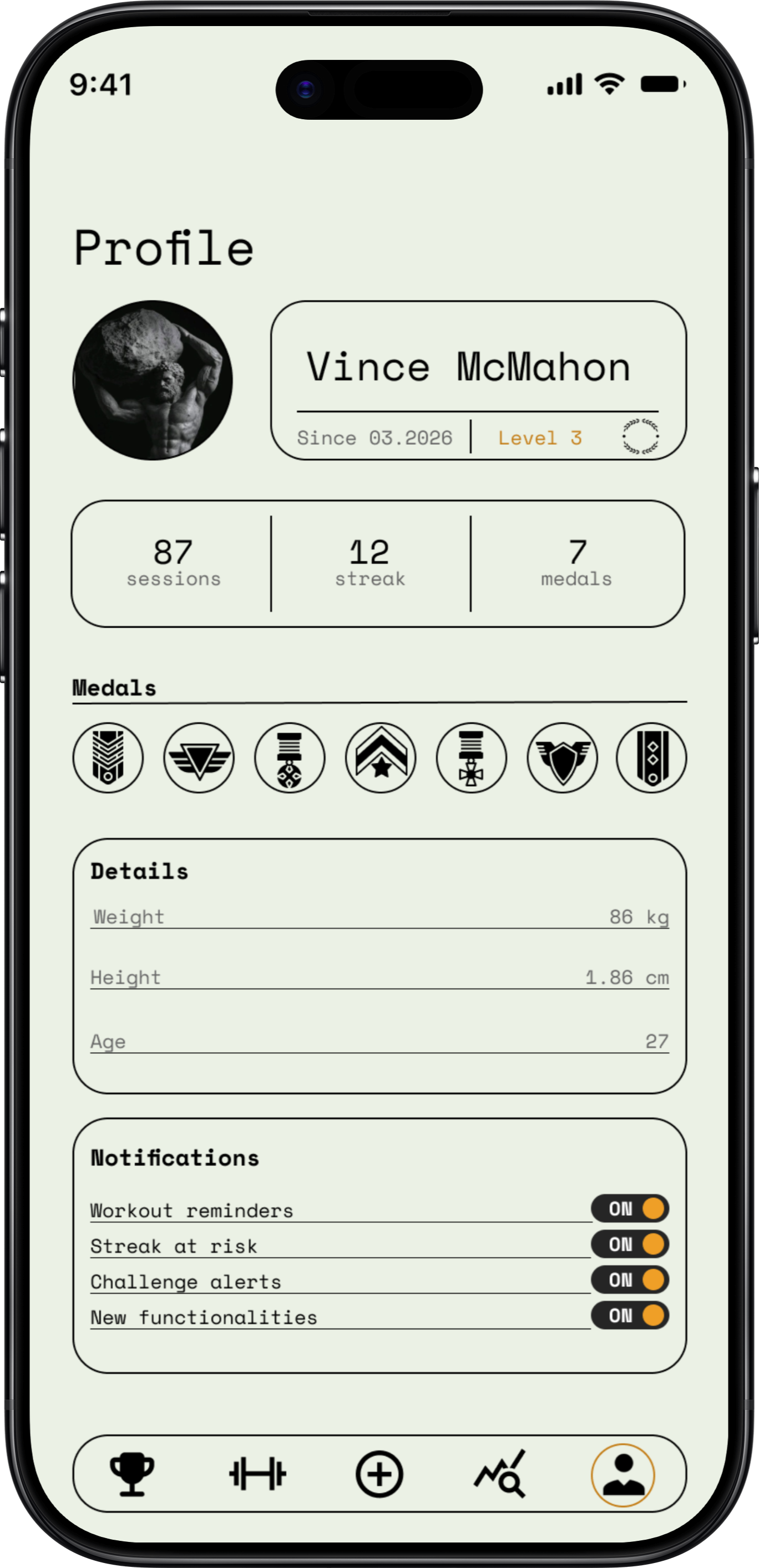 ProvectaFit profile screen: level 3, since 03.2026, 87 sessions, 12-day streak, 7 medals displayed as icon row