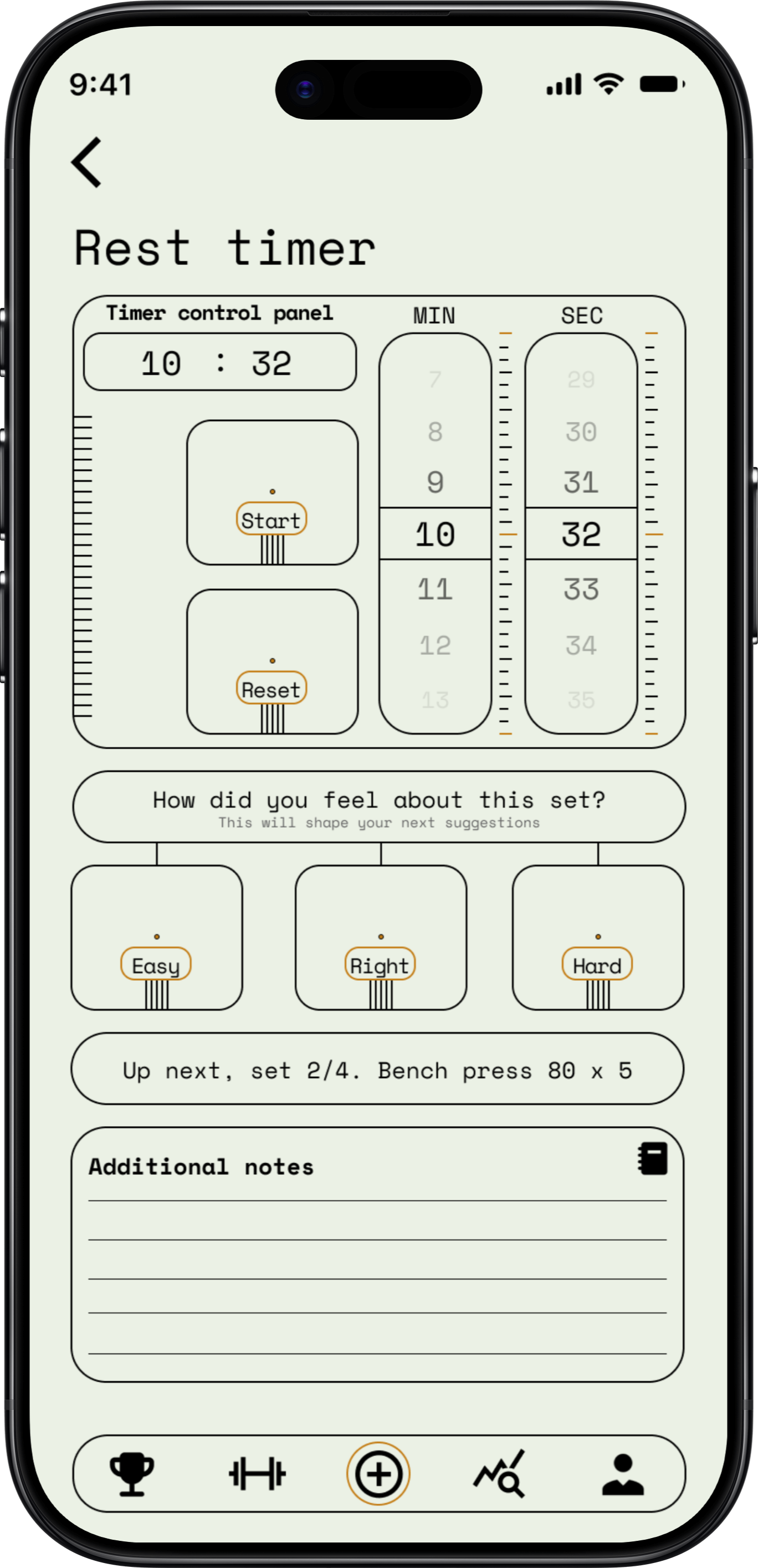 ProvectaFit rest timer screen: 10:32 displayed, drum-scroll reel for minutes and seconds, Easy, Right, Hard effort rating buttons below